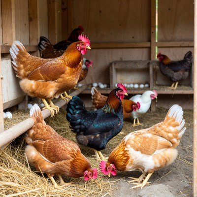 Hens in a coop laying eggs