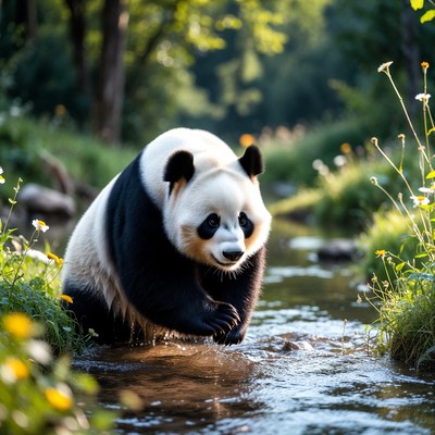 Panda walking through a stream