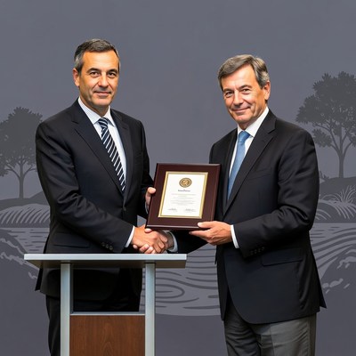 Leaders shake hands at award ceremony