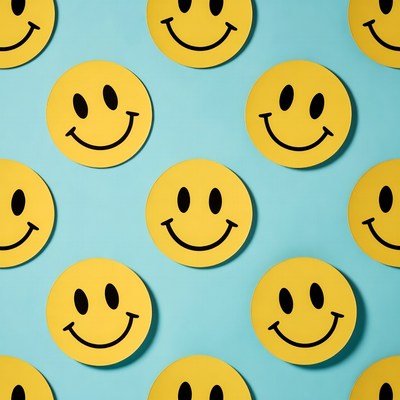 Bright yellow smiley faces on blue wall