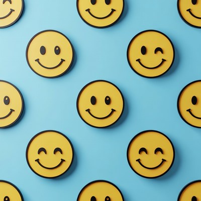 Bright yellow smiley faces on blue wall