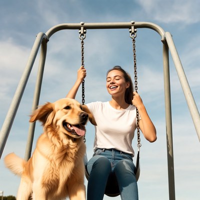 Woman swings with golden retriever at park