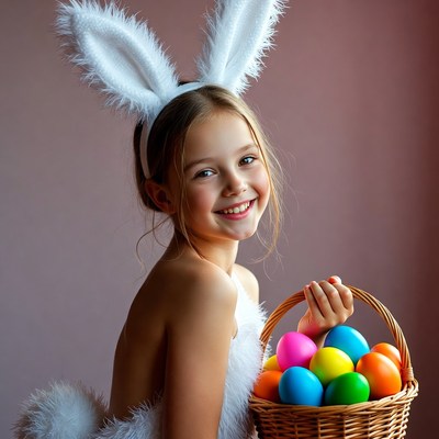 Girl with bunny ears and colorful eggs