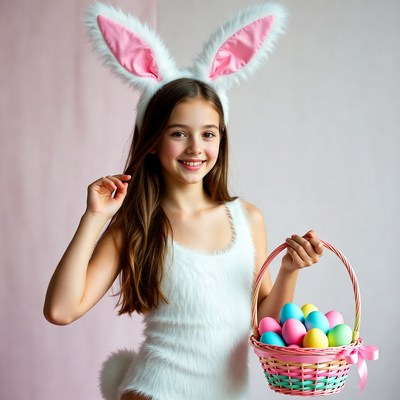 Girl in bunny costume with basket of eggs