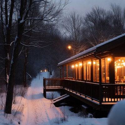 Snowy evening by the cozy cabin