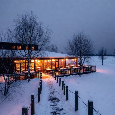Restaurant in snow at dusk