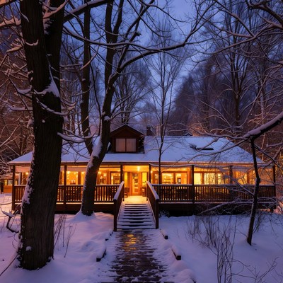Cozy cabin lit in winter night