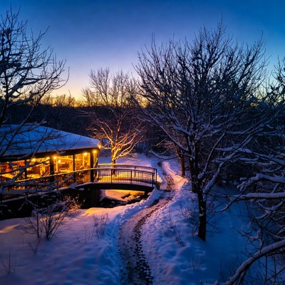 Winter sunset near wooden cabin