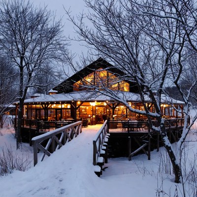 Warm lights glow in winter evening