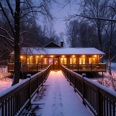 Winter cabin in the woods at dusk