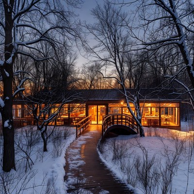 Wooden bridge leads to warm building