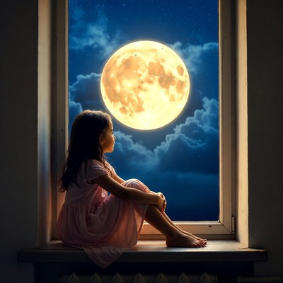 Girl sitting by window at night
