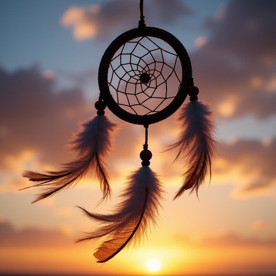 Dream catcher at sunset with feathers