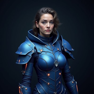 Woman in blue armor with lights