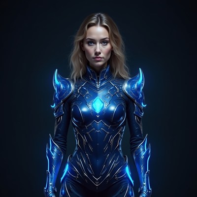 Woman in blue armor stands strong