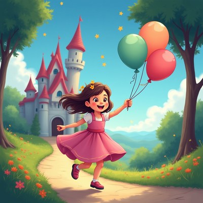 Girl with balloons near castle