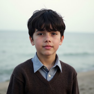Young boy stands by the sea at sunset