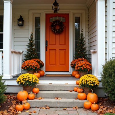 Bright pumpkins and flowers at home entrance