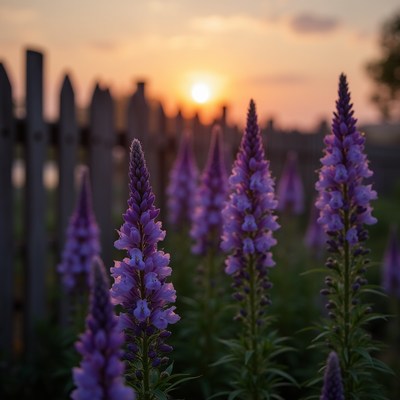 Flowers bloom near a fence at sunset