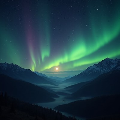 Aurora fills the night sky over mountains