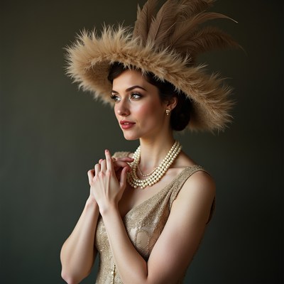 Woman in vintage hat and pearls poses for portrait