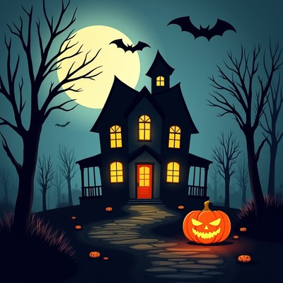 Haunted house with pumpkin at night