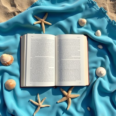 Book on beach with shells