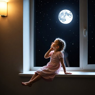 Child gazes at the moon from window