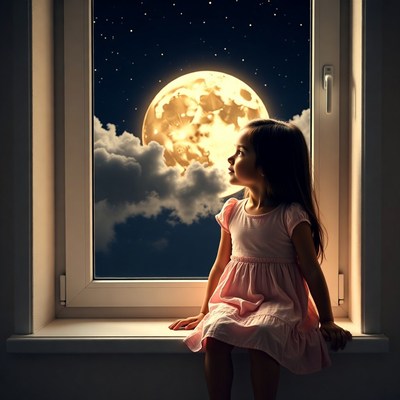 Child looks at moon from window