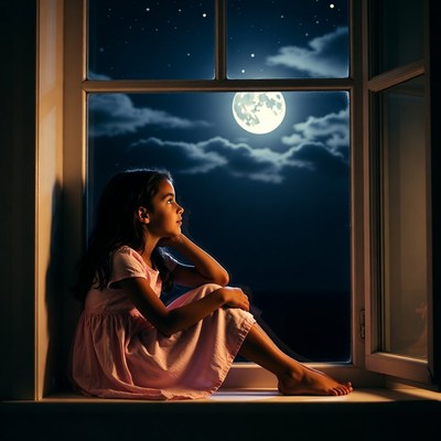 Girl gazes at full moon