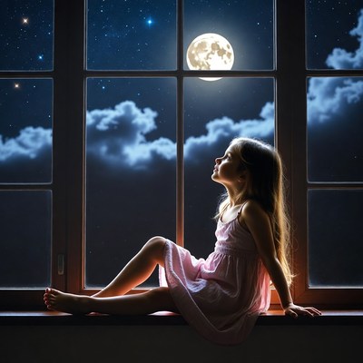 Girl looks at moon through window