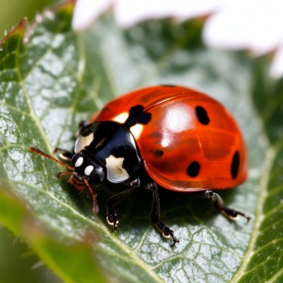 Ladybug resting on green leaf