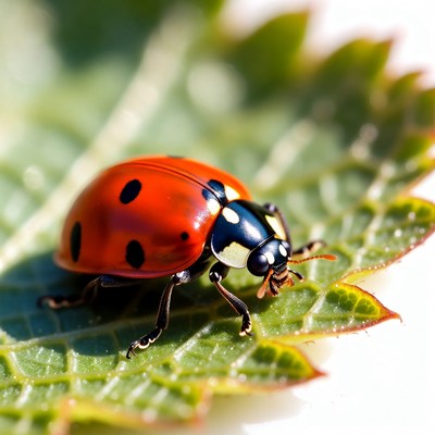 Ladybug on green leaf in sunlight
