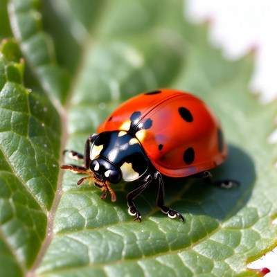 Ladybug on green leaf in daylight