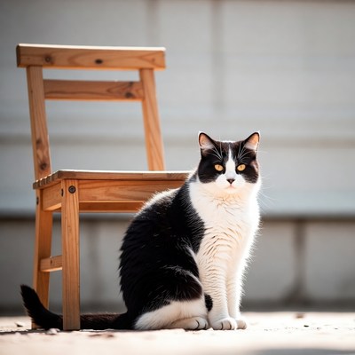 Cat sitting next to wooden chair