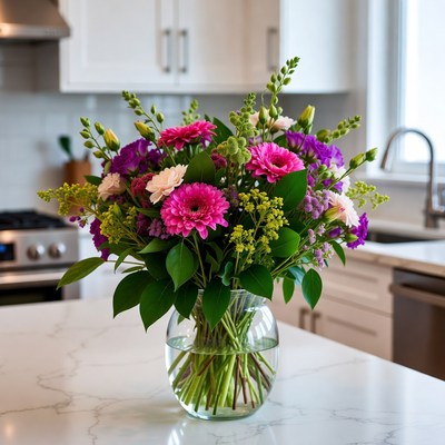 Colorful flower arrangement on kitchen table