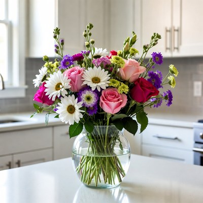 Bright flowers arranged on kitchen counter