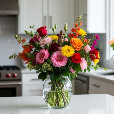 Colorful flower arrangement on kitchen table