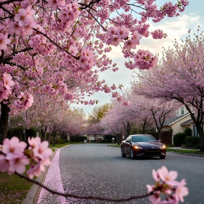 Cherry blossoms line quiet street in spring