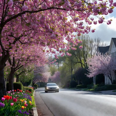 Cherry blossoms line quiet street in spring