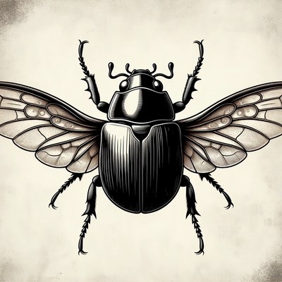 Beetle with open wings on a light background