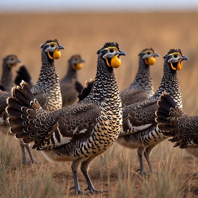 Birds gathering on dry grassland in early morning