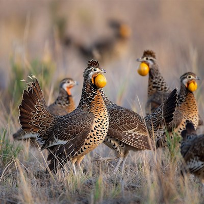 Birds collecting orange food in grassland