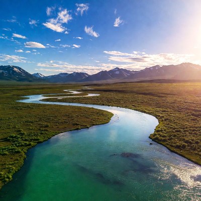 Winding river flows through green valley