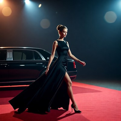 Woman walks on red carpet at night