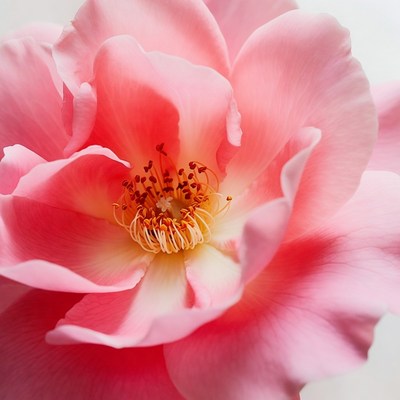 Pink rose with open petals in close view