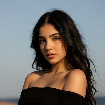 Young woman posing outdoors at sunset