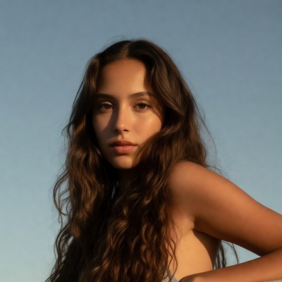 Model poses against blue sky