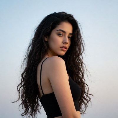 Young woman with long hair poses outdoors