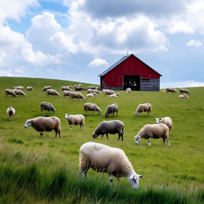 Sheep grazing near a red barn